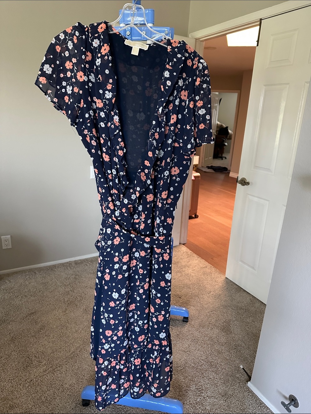 MICHAEL Michael Kors Navy Floral Midi Wrap Dress with Pink and White Flowers